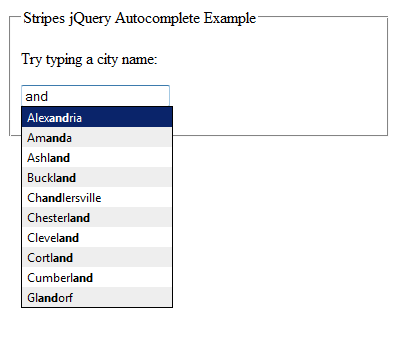 Stripes and jQuery Autocomplete example